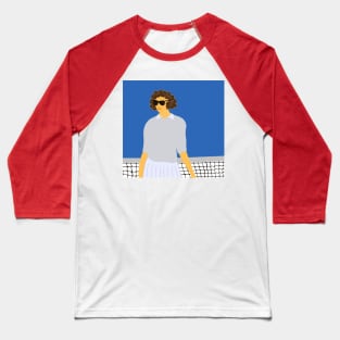 Illustration of a brown curly hair tennis player standing at the net Baseball T-Shirt